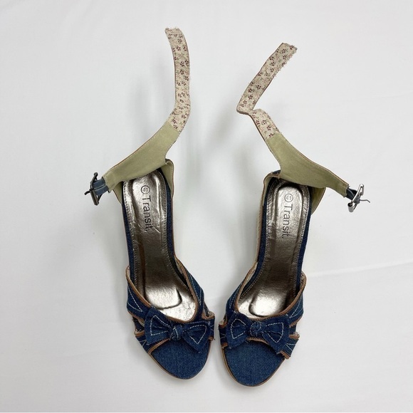 Denim jeans strappy wedges size 10.5 US Open back open toes bow tie - Picture 11 of 13